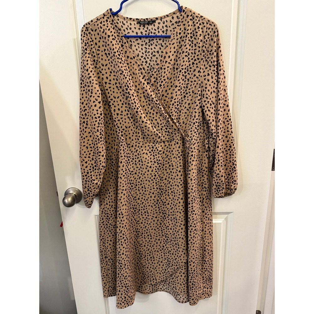 Shein Curve Leopard Print Wrap Midi Dress Tan Black Long Sleeve V-Neck 0XL XL